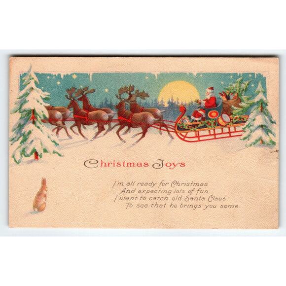 Santa Claus Christmas Postcard Reindeer Sled Moon Snow Rabbit Stecher Ser 748 - Picture 1 of 2